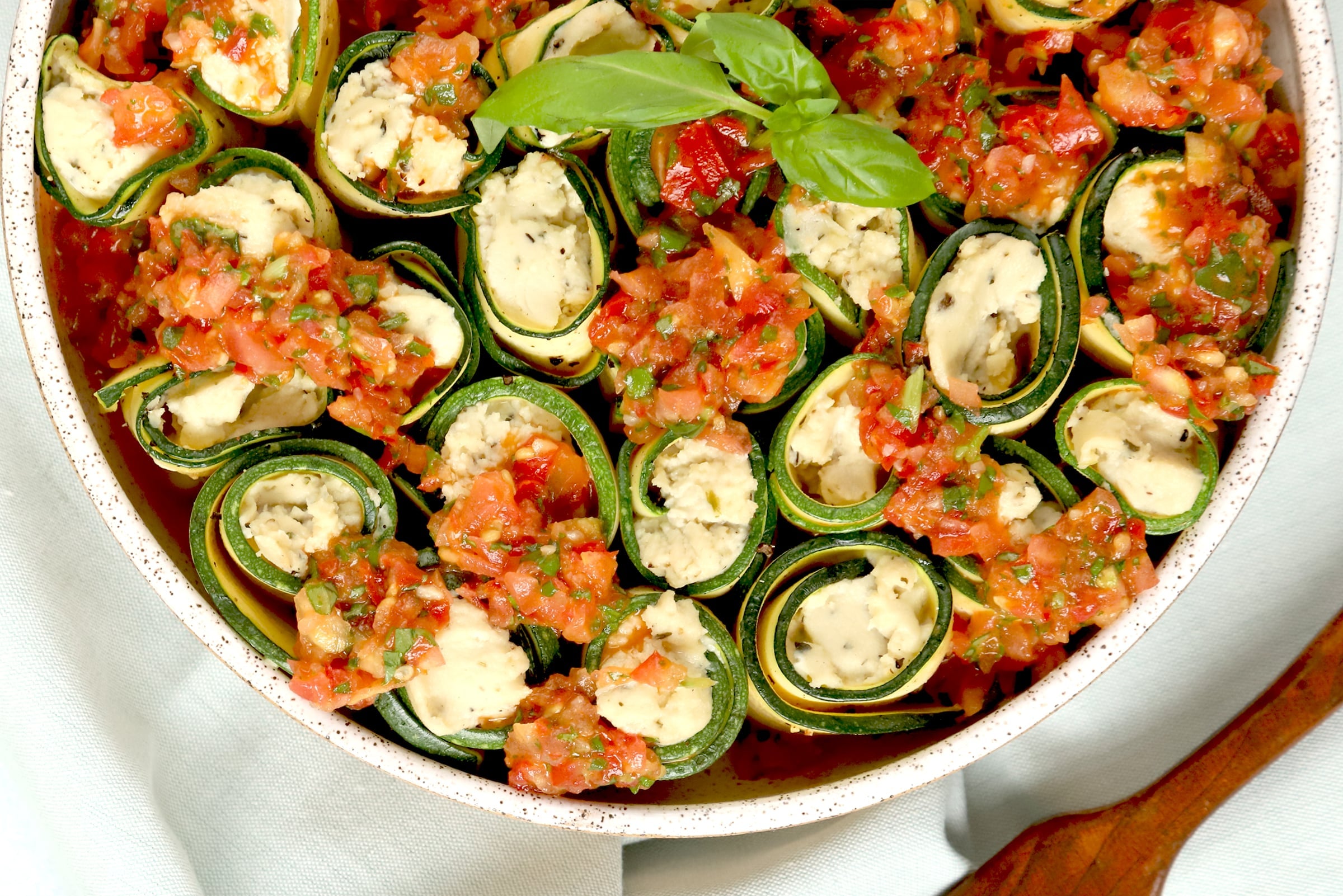 Cheese-filled Zucchini Rounds Topped with Fresh Tomato Bruschetta Sauc – Shire's