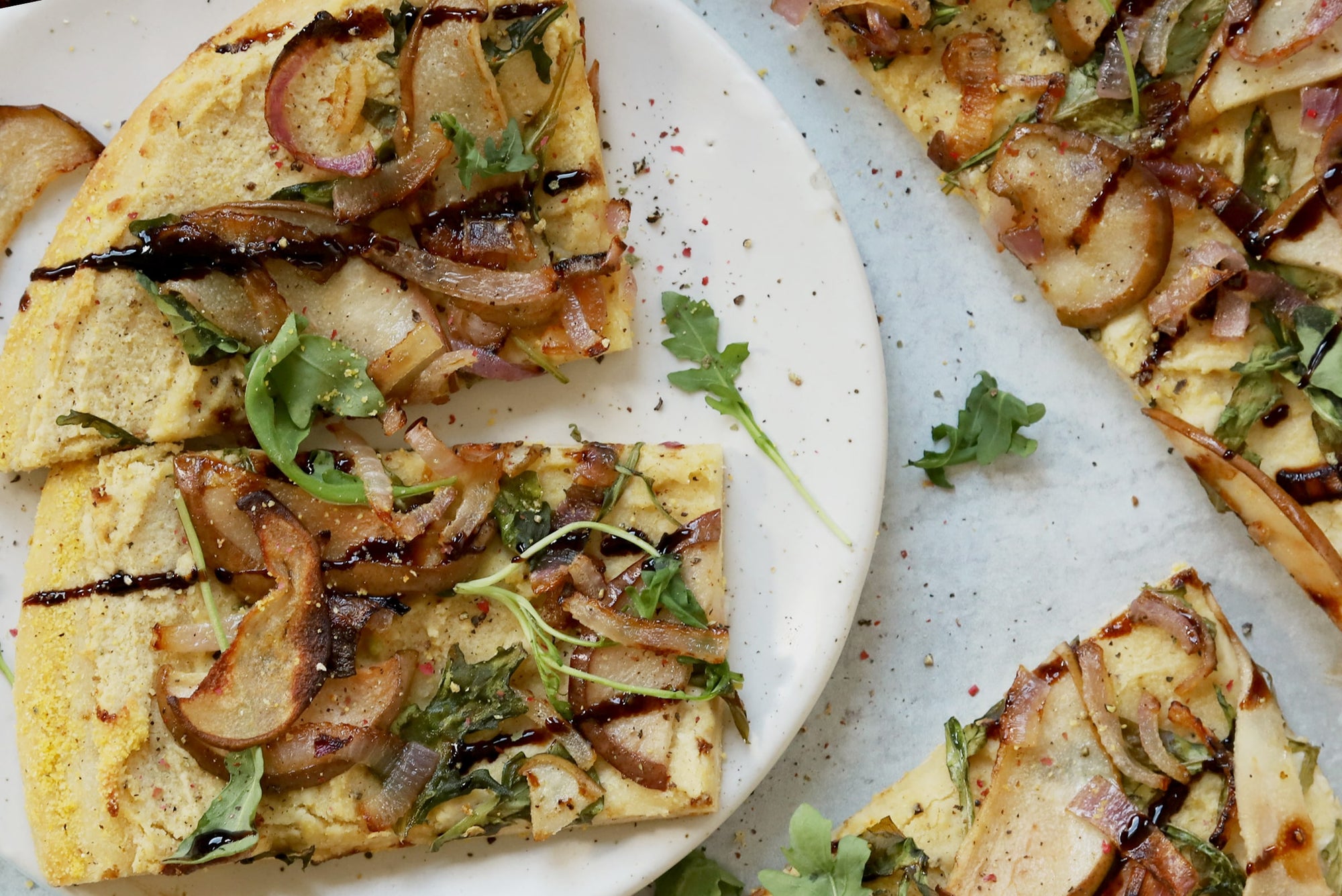 Pear, Arugula, and Carmelized Onion Pizza